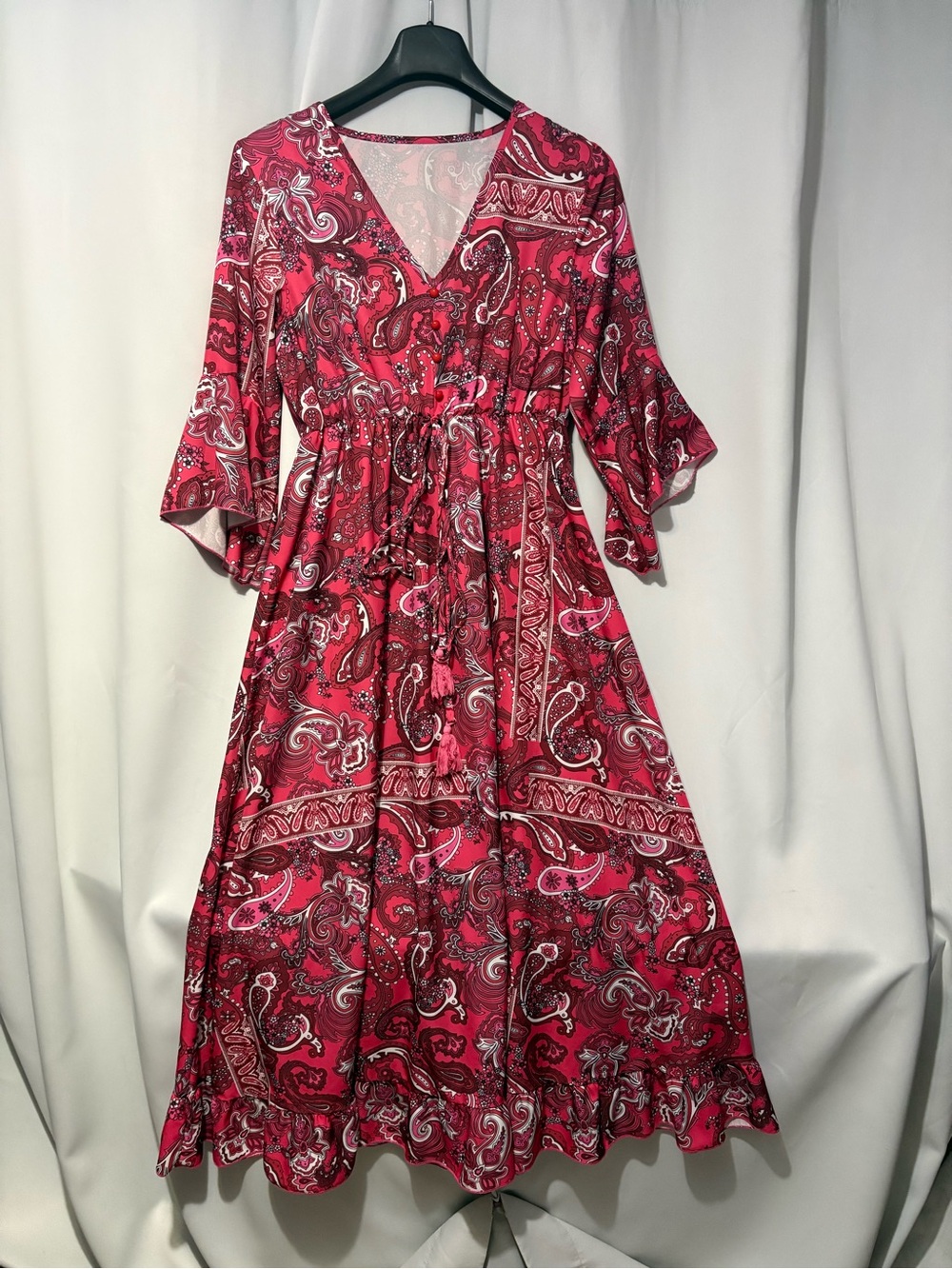 SHEIN Pink Paisley V-Neck Drawstring Midi Dress